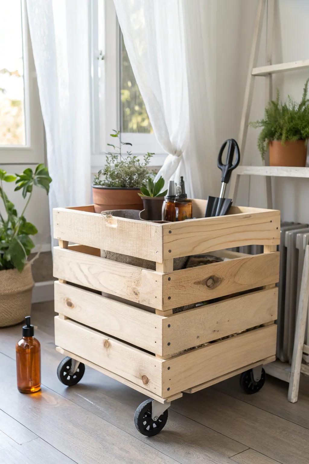 A rolling wooden crate cart keeps sunroom plant tools and pots tidy—then glides away fast.
