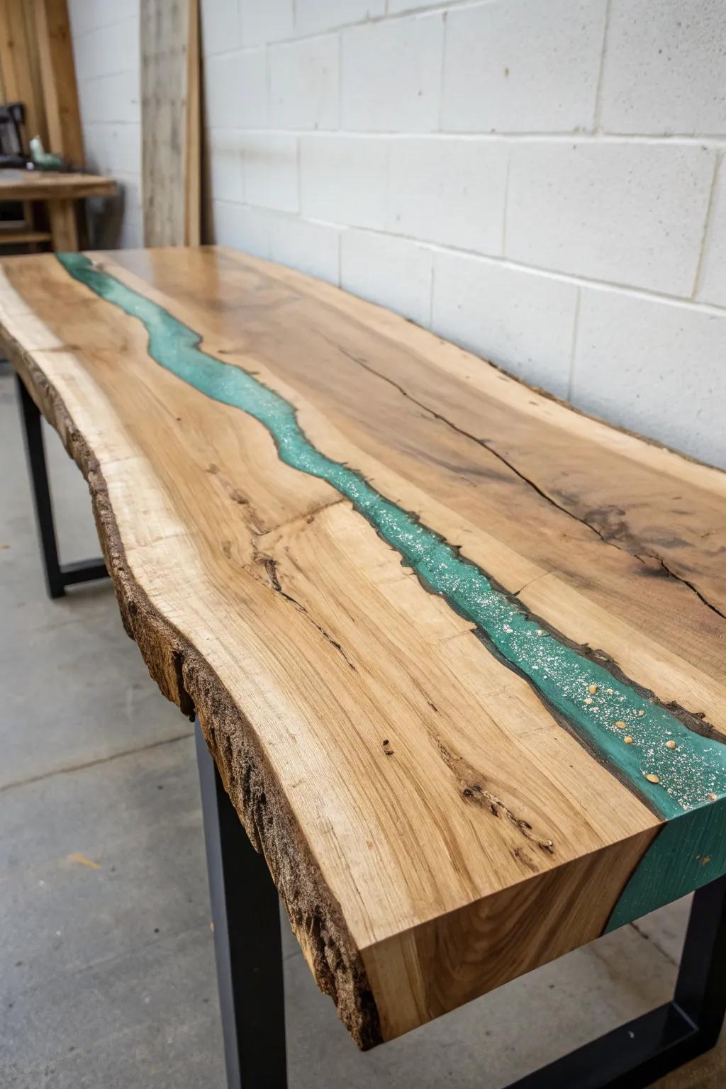 Make checks look intentional: a live-edge crack “stitched” with walnut keys and teal inlay.