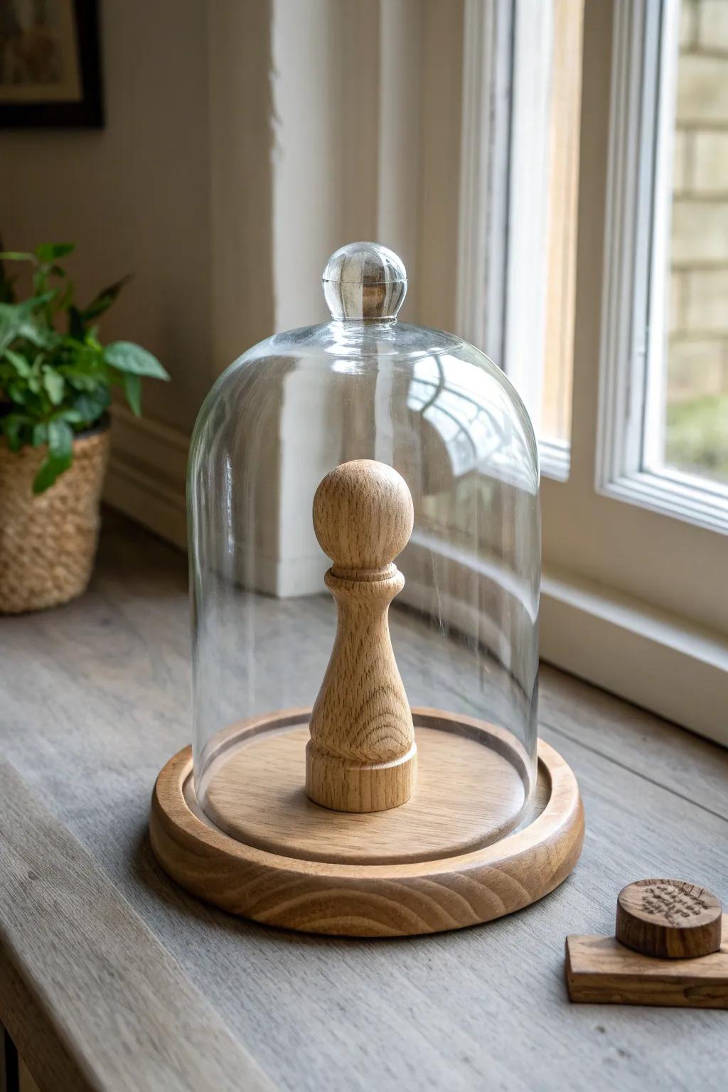 Turn one carved wooden treasure into a centerpiece—glass cloche “museum” magic on your table.