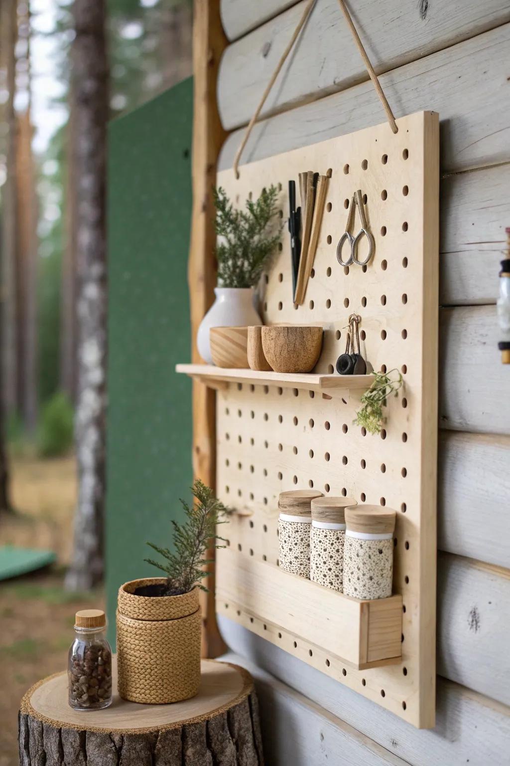 Birch pegboard “shop wall” for forest-house crafting—minimal, boho warmth, perfectly organized.
