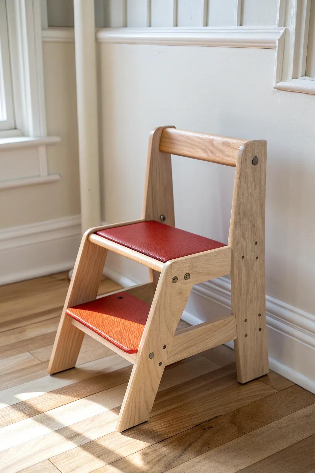 Flip-style kids step stool chair—rounded edges, birch beauty, and a bold terracotta pop.