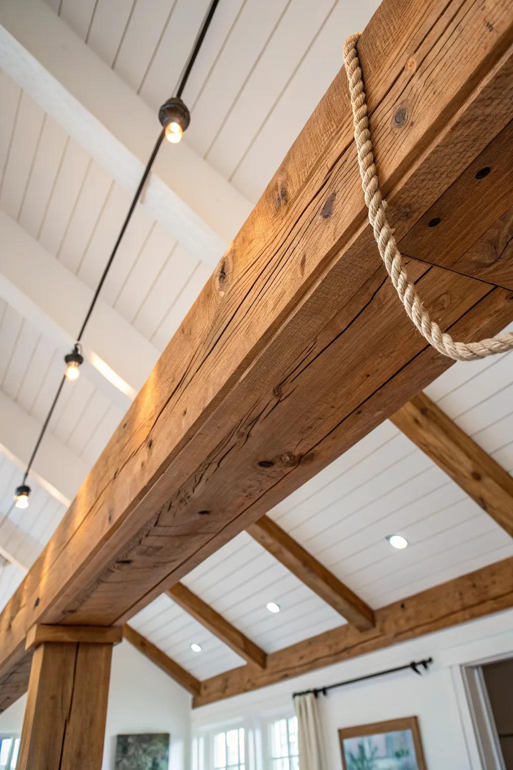 Hidden rope light in a routed beam groove makes reclaimed fir appear to float—pure magic.