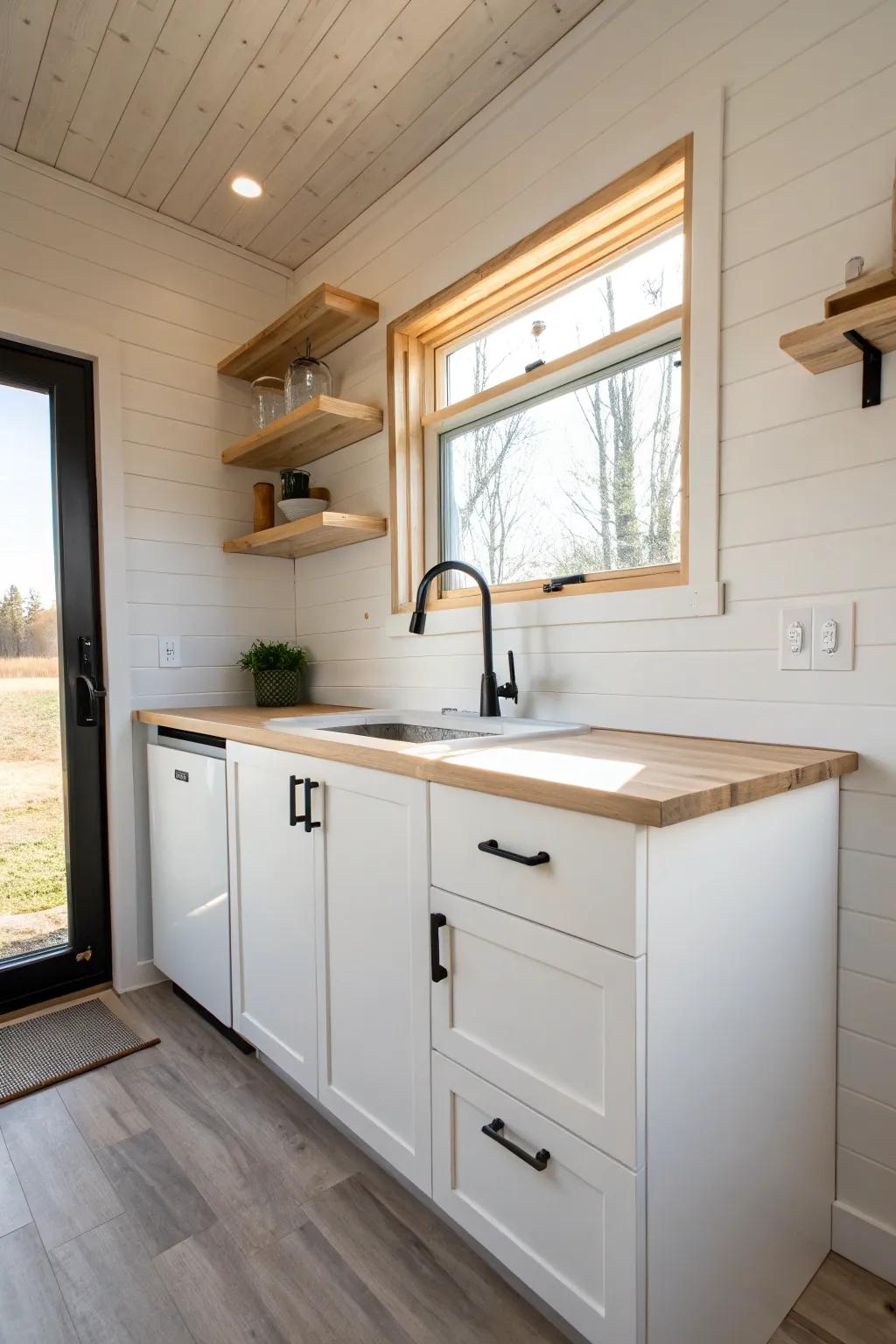 Bright whites + natural wood keep tiny kitchens airy—add one bold black detail for contrast.