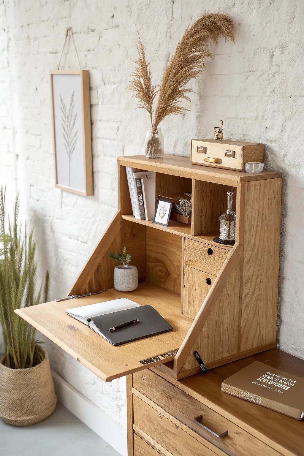 Space-saving fold-down desk with built-in shelves—tiny home workspace that disappears fast.
