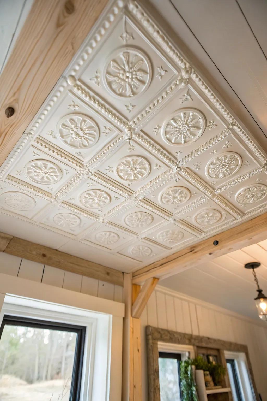 Vintage tin tile ceiling: bright, patterned, and instantly makes a tiny house feel taller.