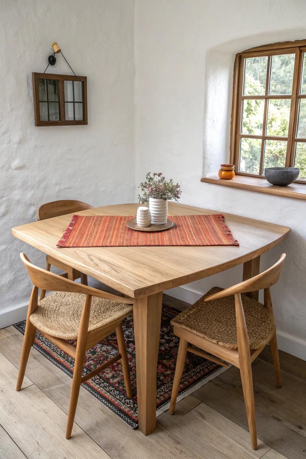 Triangle corner dining table: a space-smart oak solution for tiny house breakfasts