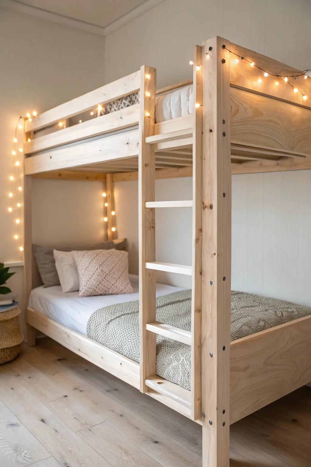 Warm string lights run like trim along the top bunk for a crisp, built-in glow.