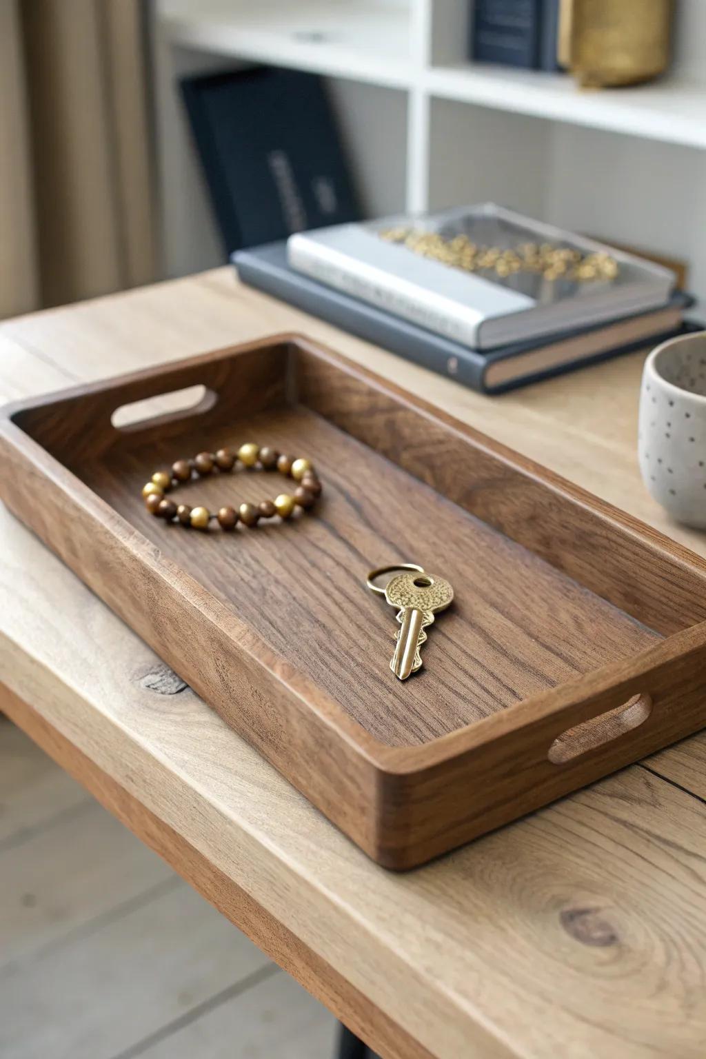 A shallow wood tray instantly corrals tiny clutter, making the top of your bookshelf feel curated.