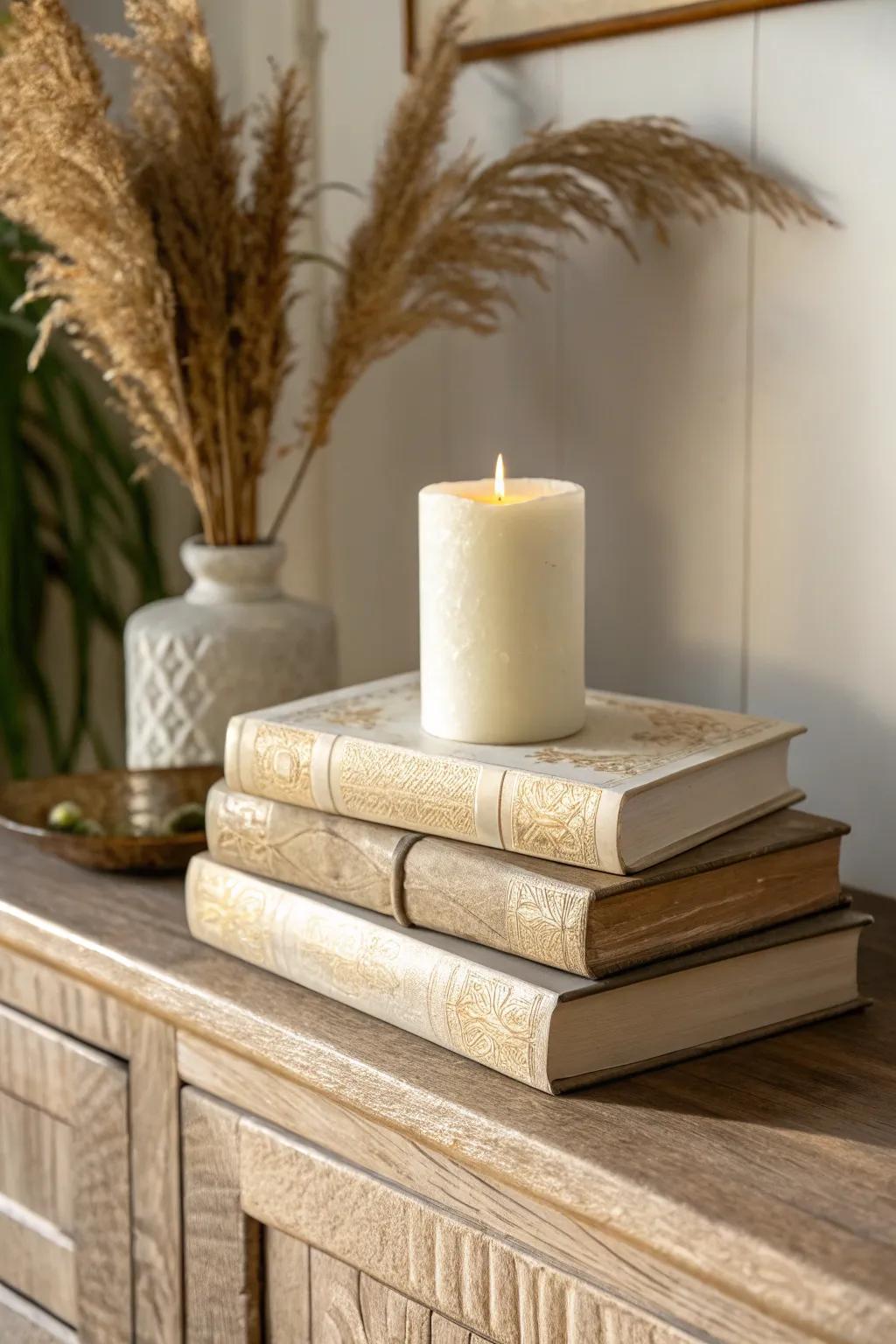 Vintage book stack as a candle riser—old-soul warmth with clean Scandinavian calm.