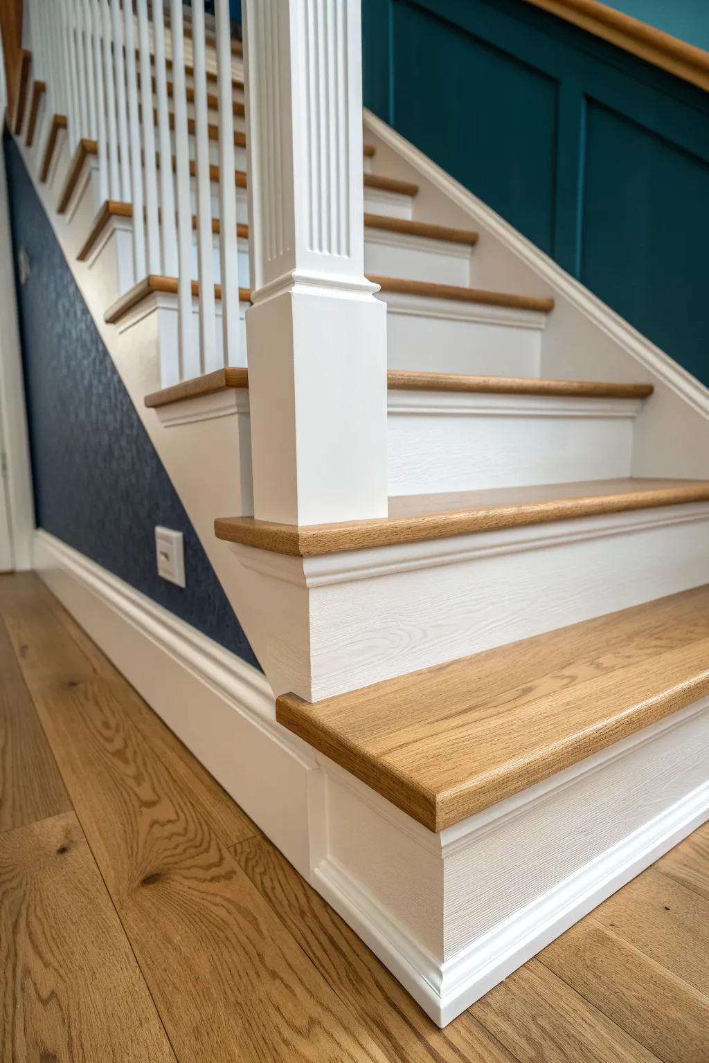 Beefy stair skirt + cove trim: a tiny shadow line that makes the whole staircase feel finished.