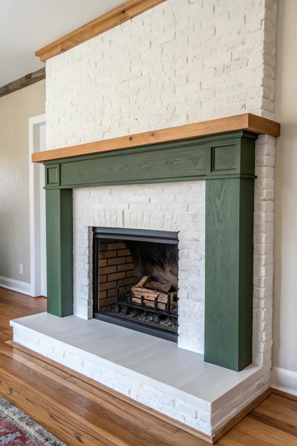 Two-tone fireplace: matte painted surround + natural wood mantel for effortless transitional warmth.