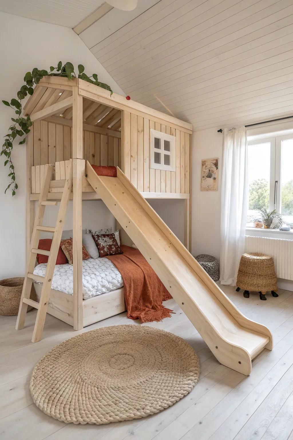 A treehouse bed with a smooth oak slide exit—crafty, minimal, and a daily adventure.