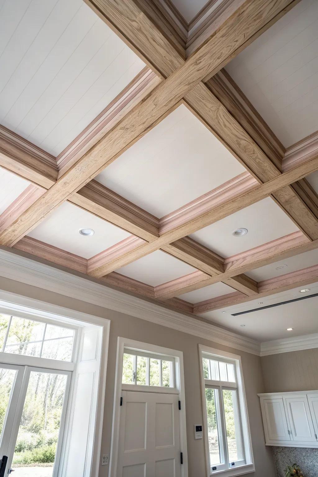 Lightweight faux beams + crisp trim create a custom coffered ceiling—simple, chic, and doable.