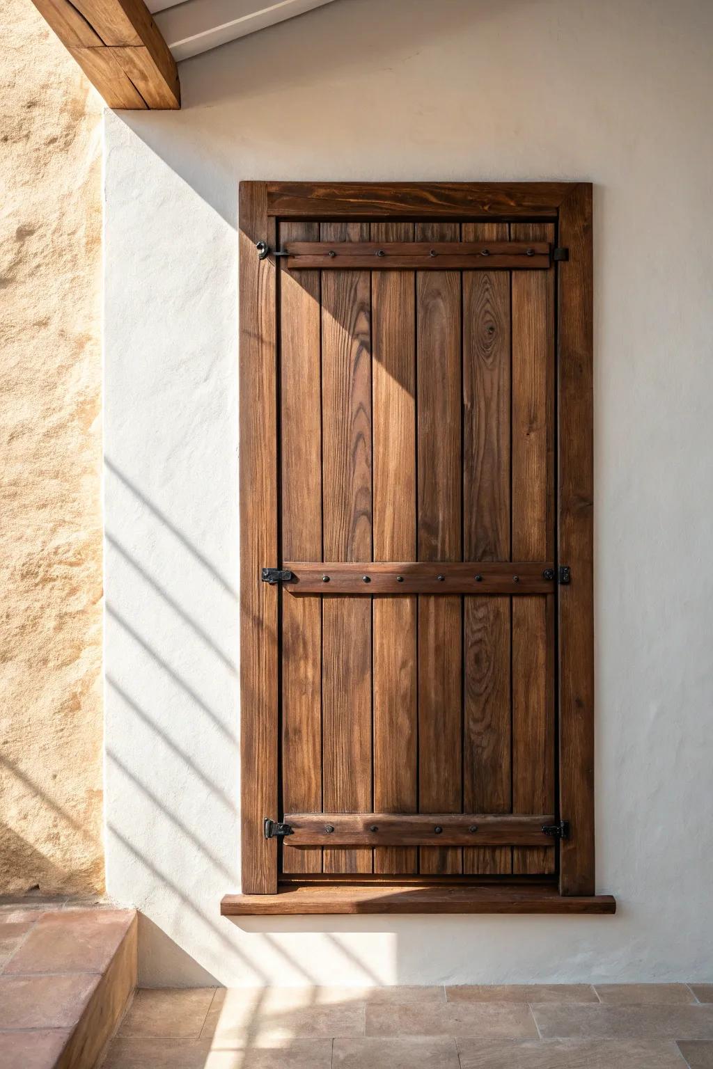 Dark wood interior shutters + deep trim bring instant Tuscan warmth to minimalist rooms.
