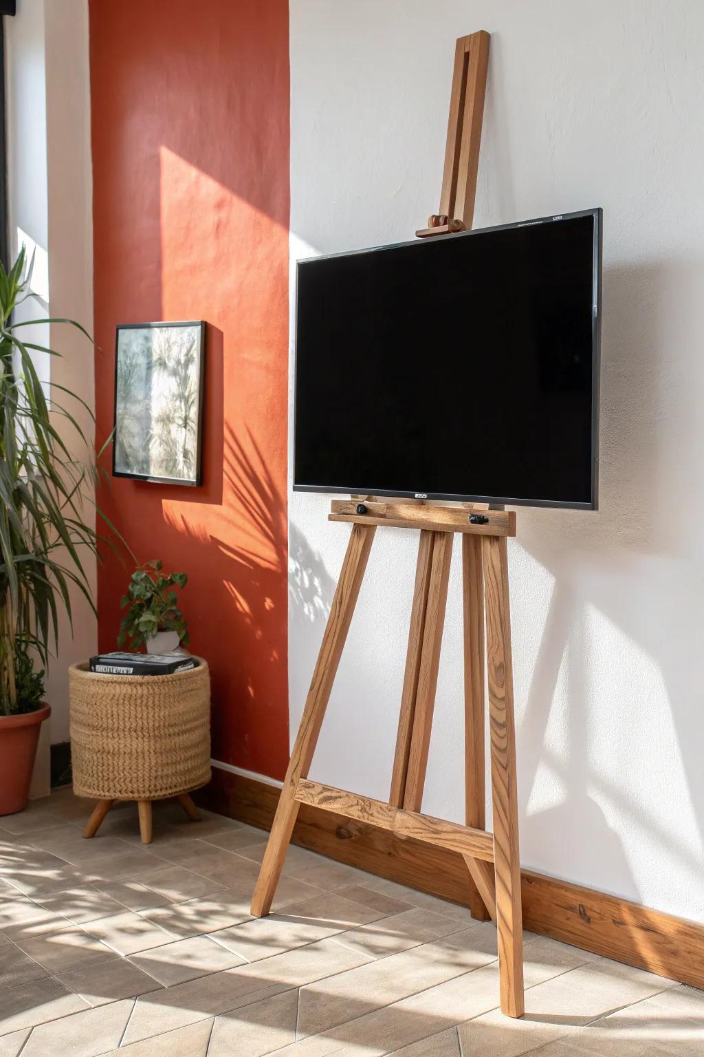 Tripod oak easel TV stand—turn your blank screen into a minimalist art moment at home.