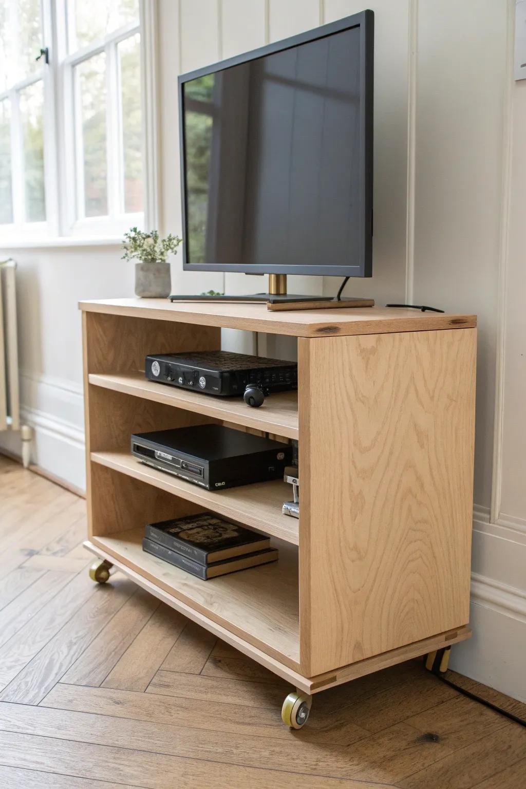 Slim rolling TV stand on locking casters—tucks away fast and keeps the bedroom serene.