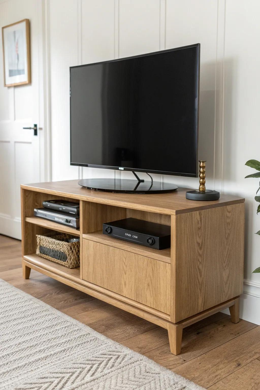 Swivel-top oak TV stand base—small-space friendly angles with clean Scandinavian style.