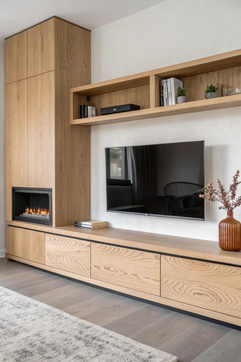 Fireplace-style TV wall unit: a long oak base and mantel ledge that hide gear beautifully.