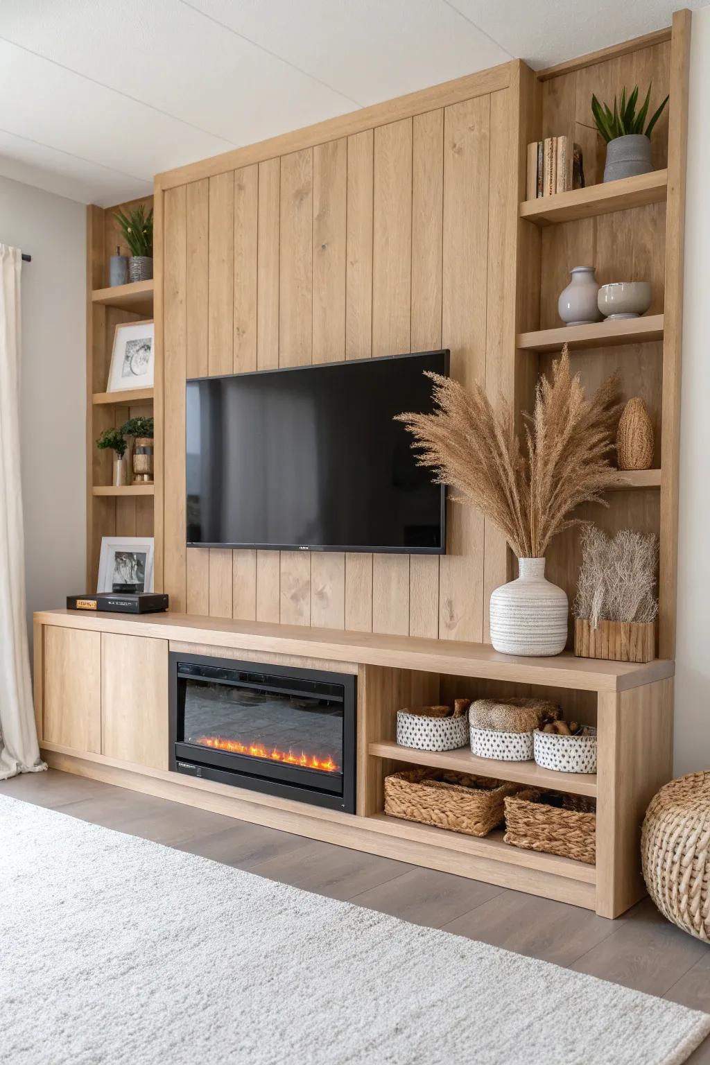 Cozy TV wall: clean fireplace mantel with stacked side shelves and warm oak craftsmanship.