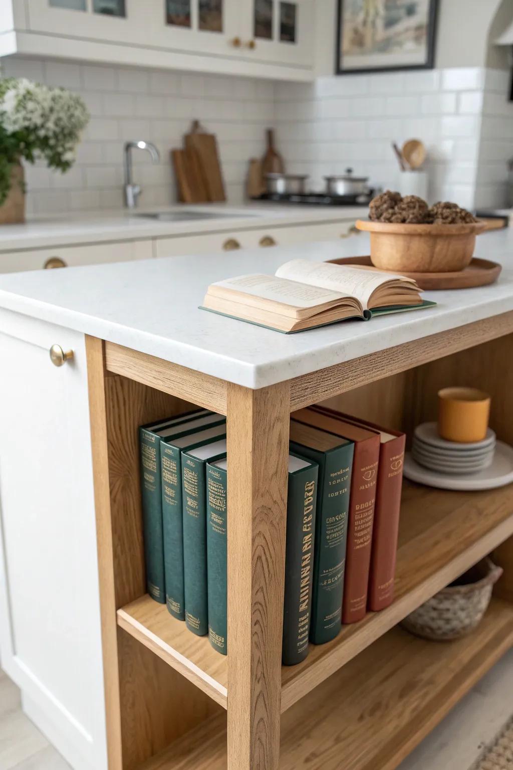 Cookbook nook between tiers: a slim ledge that keeps favorite recipes within reach.