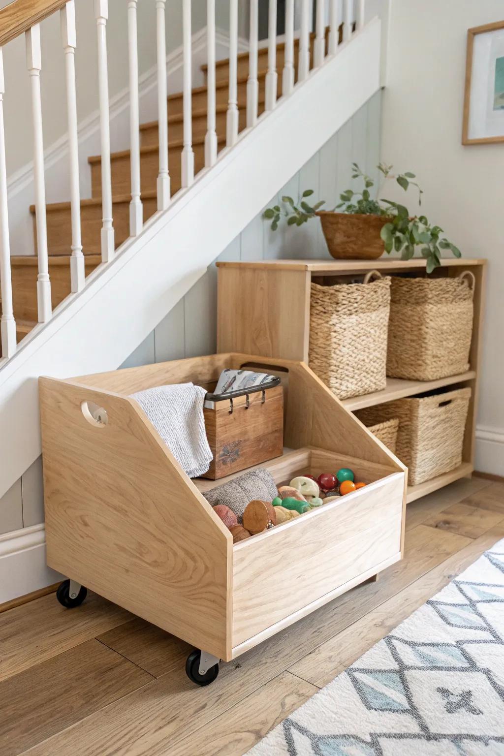 Curved-stair toy storage made easy: a sleek roll-out bin kids can reach and love.