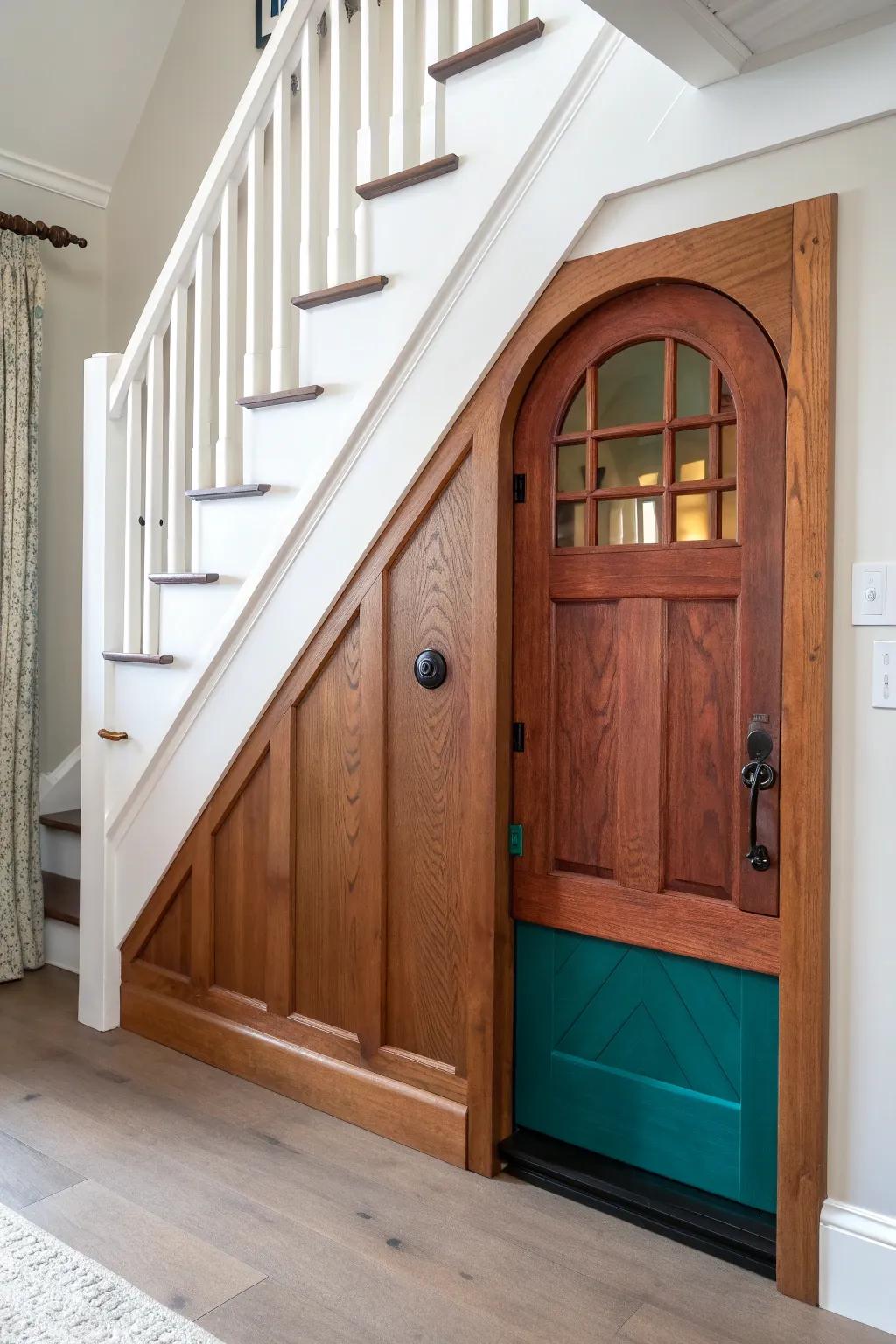Stained-wood under-stair playhouse door with warm glow; Scandi minimal + soft boho magic.
