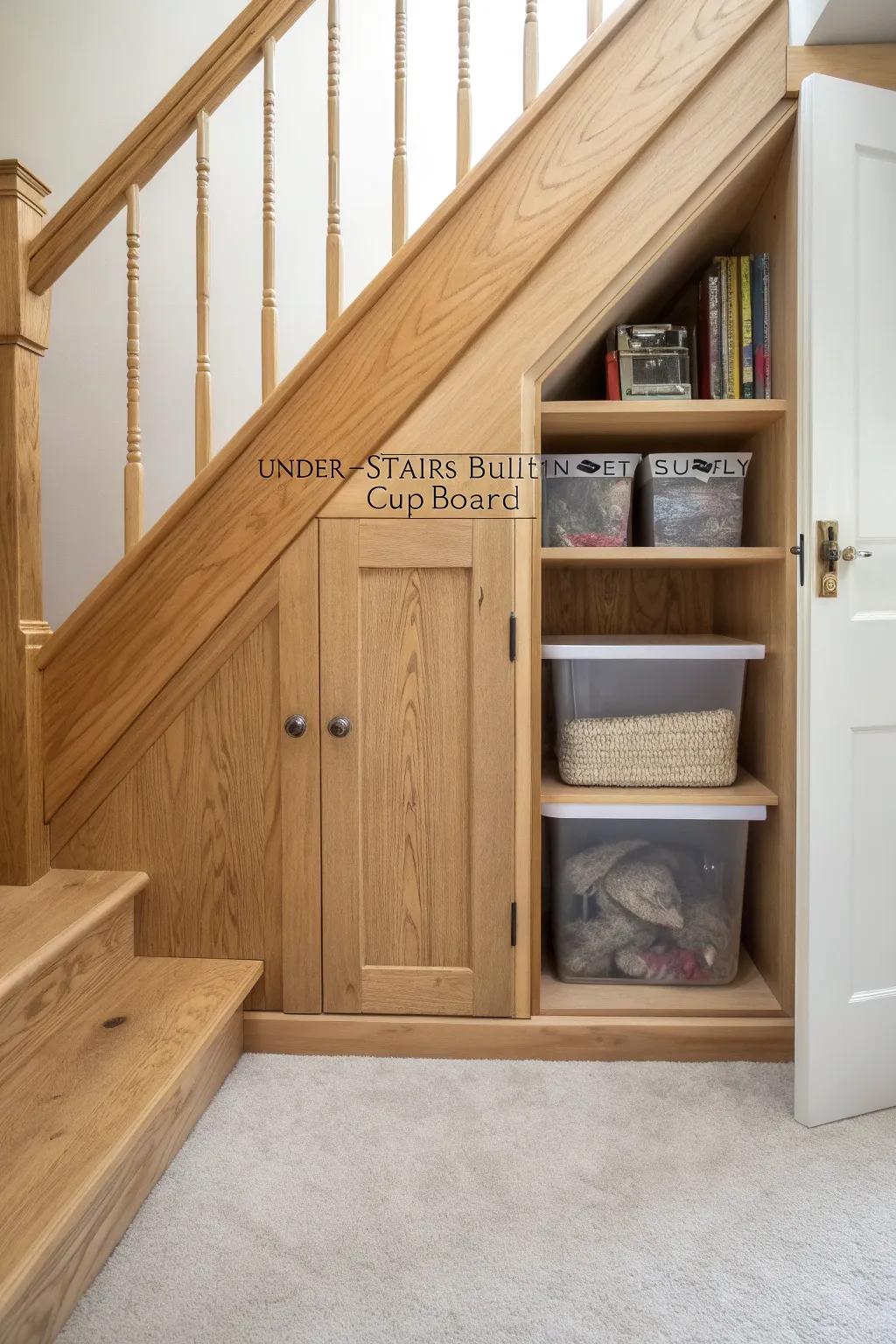 Under-stairs pet cupboard: hidden food bins + a cozy nook, crafted in warm oak and clean lines.
