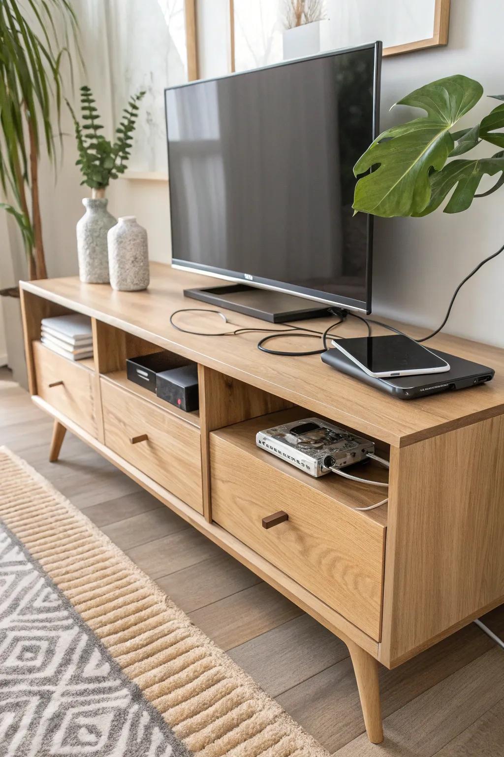 Hidden charging drawer keeps devices powered and the TV console top blissfully cable-free.