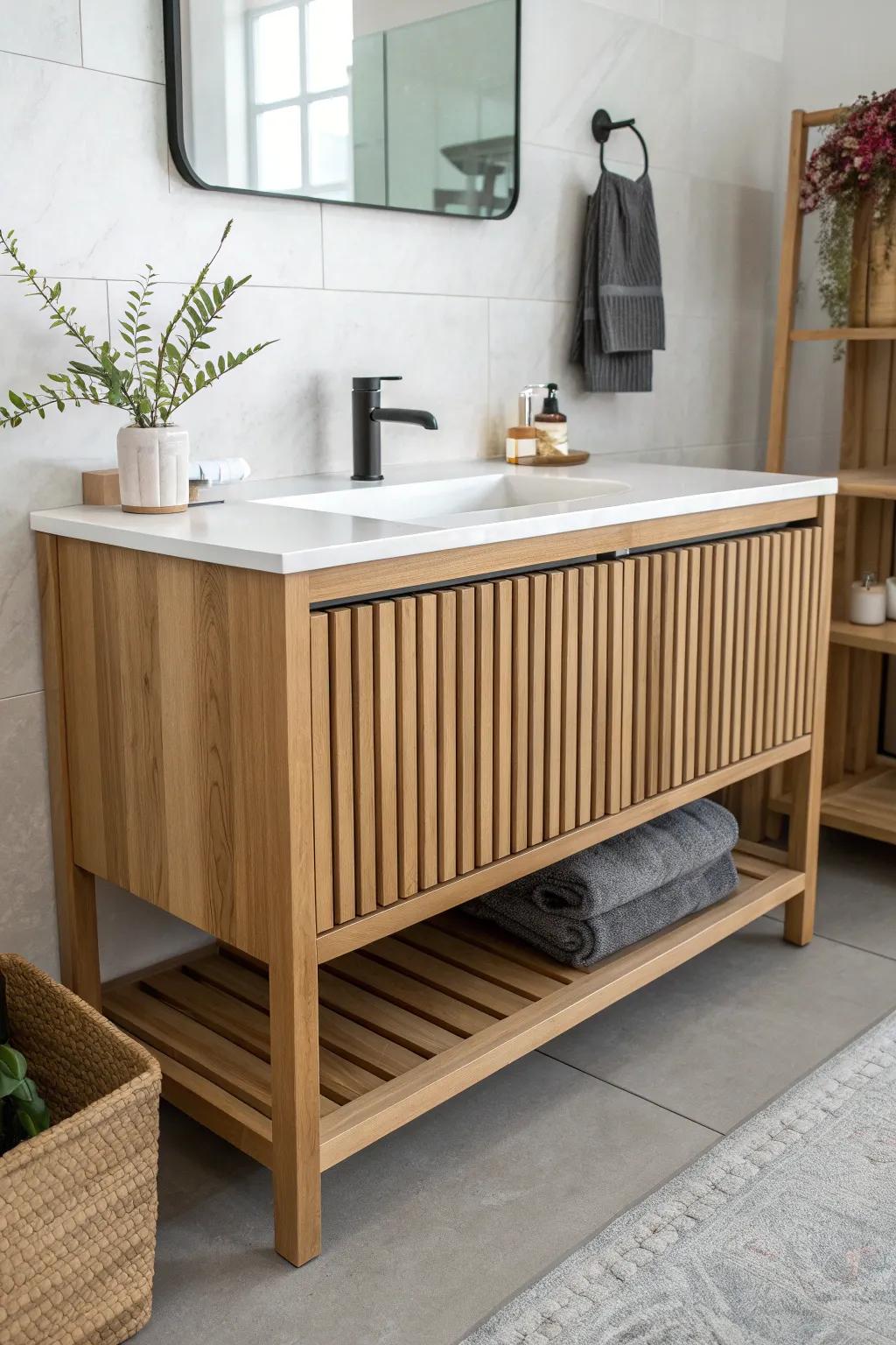 Slatted oak waterfall vanity front—minimal, modern texture with bold shadow contrast.