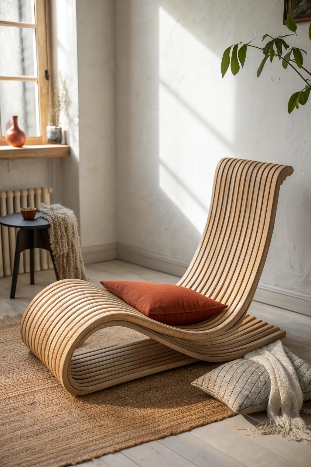 A one-sweep curved plywood lounge chair—minimalist, sculptural, and cozy with a terracotta cushion.