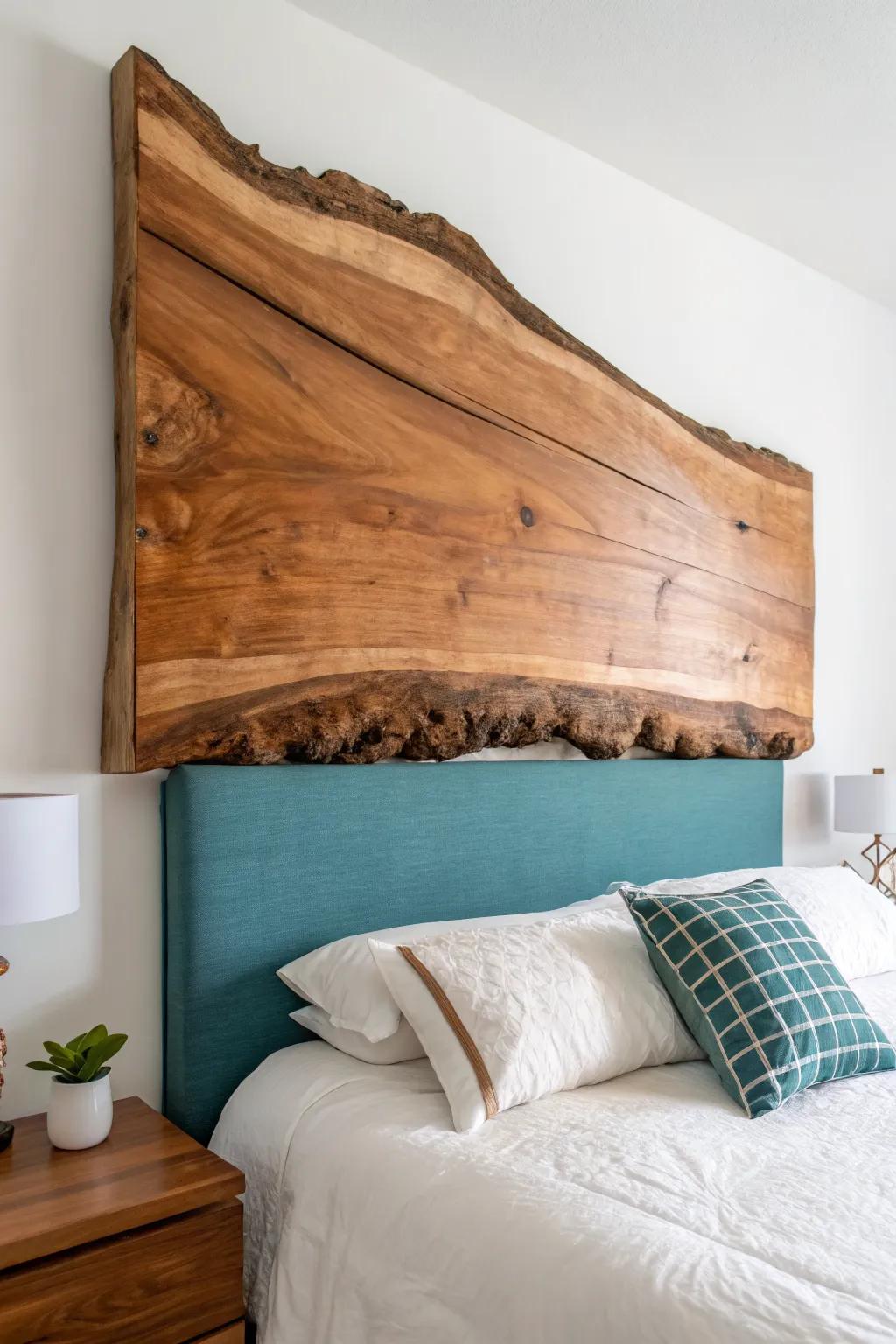 A sculptural live-edge slab headboard—wild edge, clear finish, and bold cozy contrast.