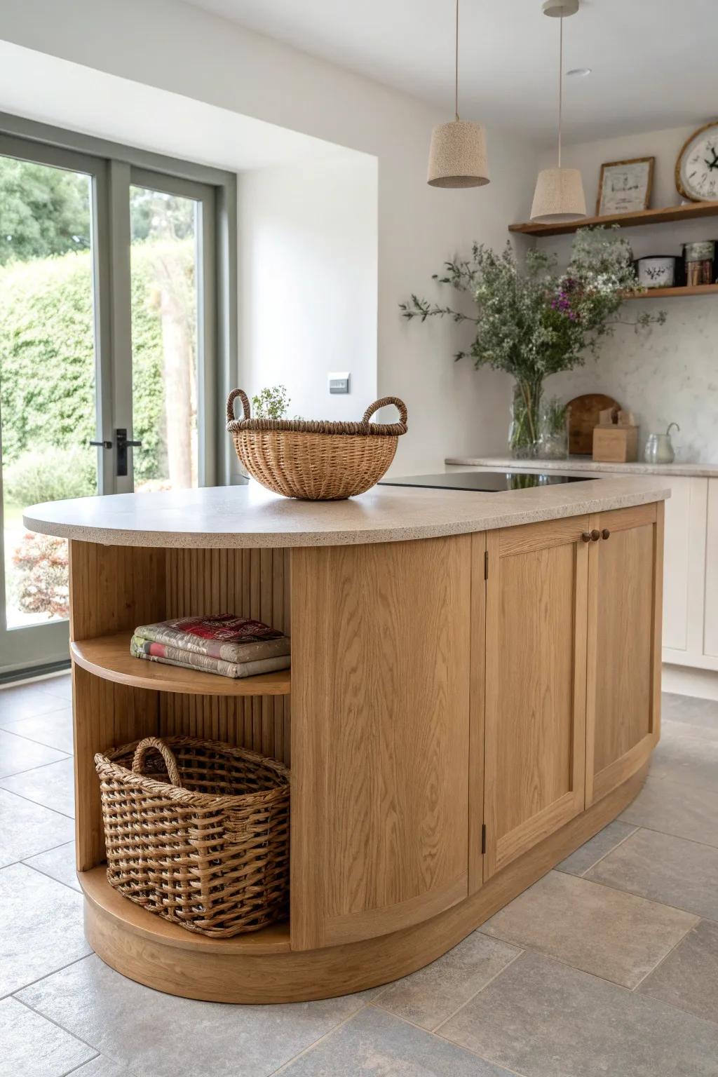 A curved oak kitchen island that softens lines and creates effortless flow—with bold contrast.