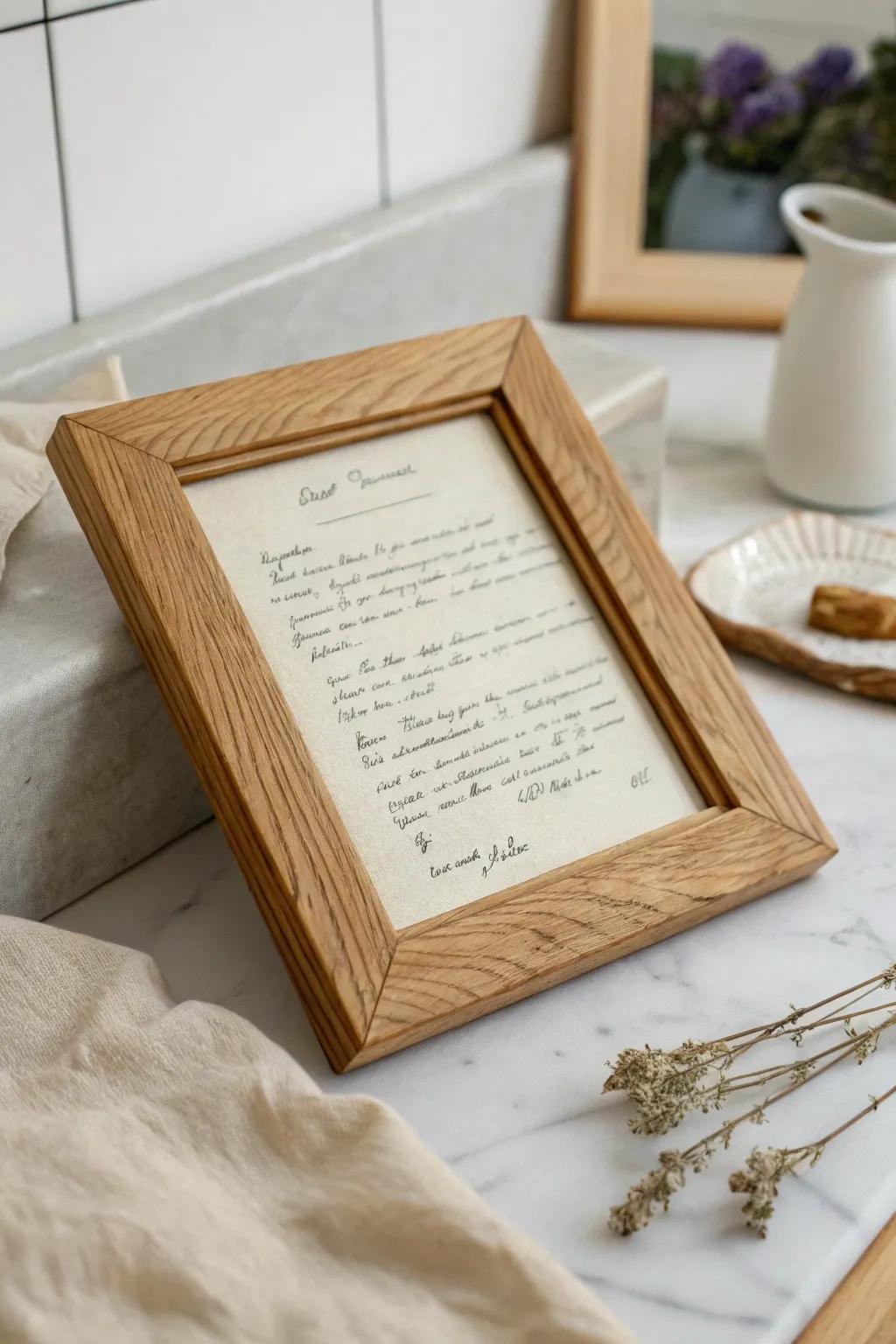 Turn a cherished handwritten recipe into heirloom decor with a warm oak frame.