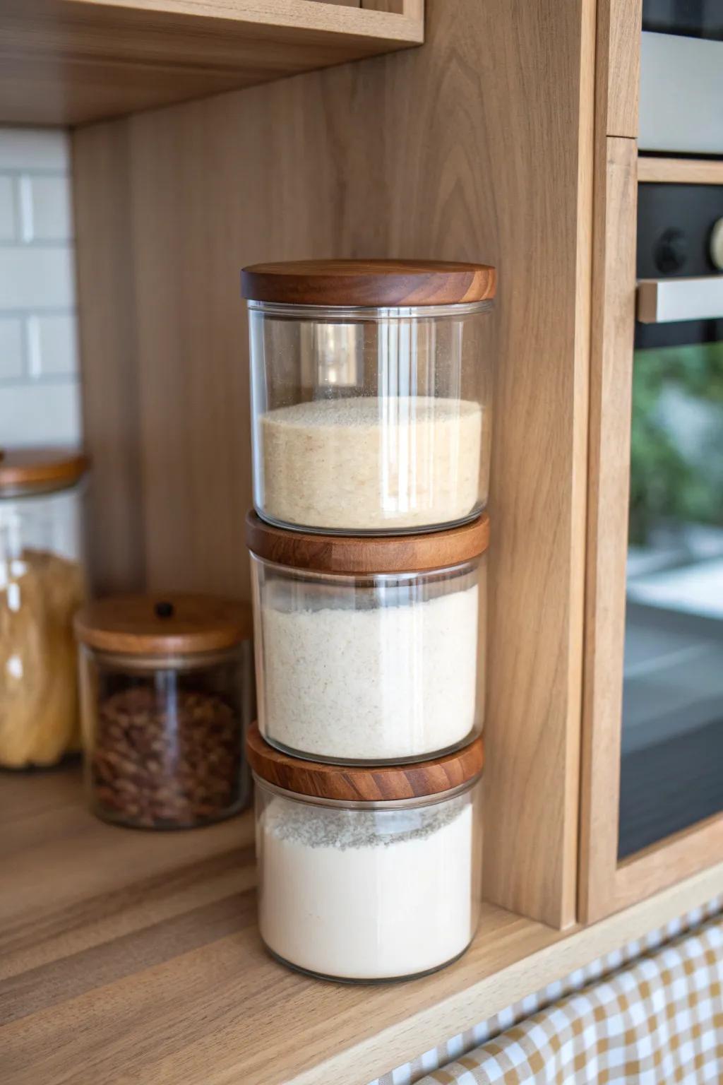 Stack matching canisters to tame an upper corner cabinet—tidy, uniform, and easy to grab.