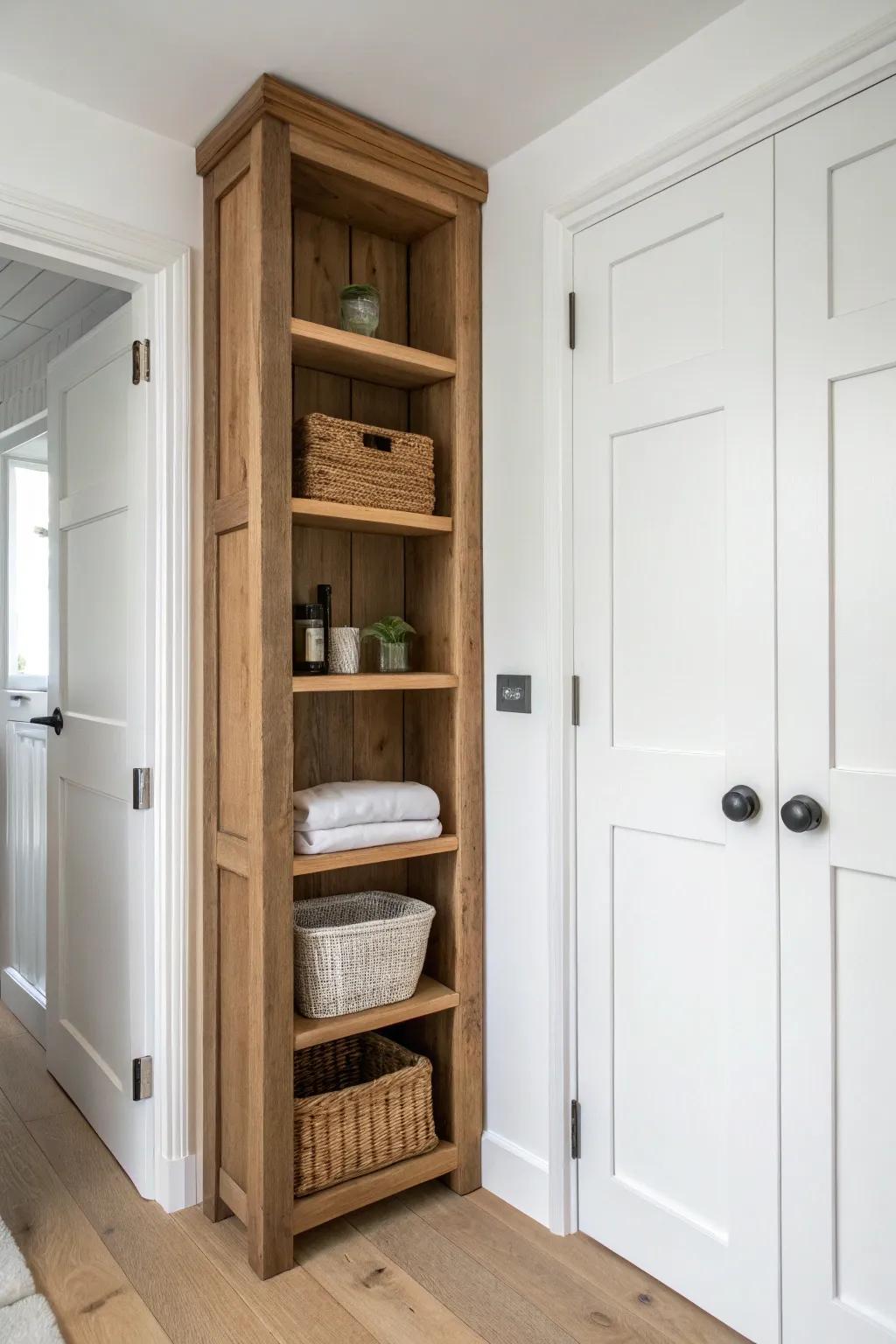 Turn dead hallway wall space into a slim reclaimed-wood built-in for linens and baskets.