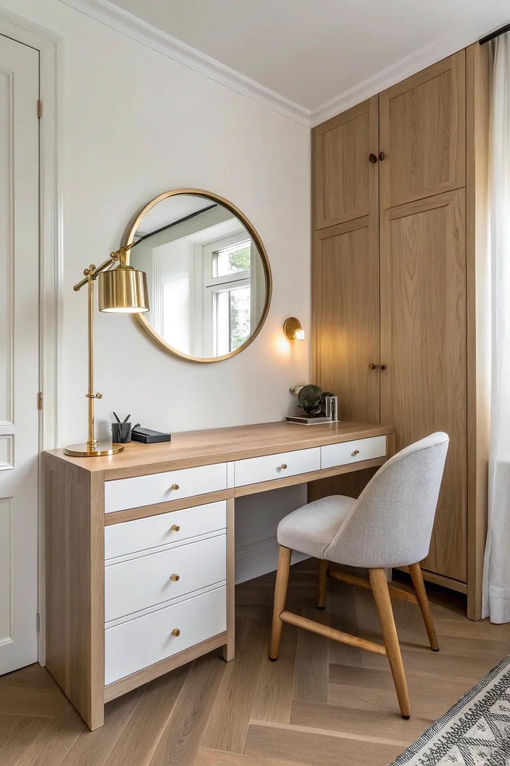 Secret closet vanity: oak countertop, glowing mirror, and hidden power for a tidy dressing spot.