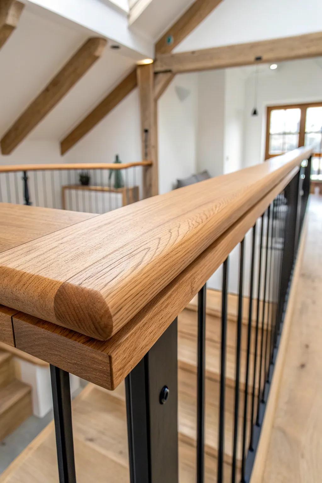 A slim oak desk rail transforms a loft railing into a light, functional office spot.