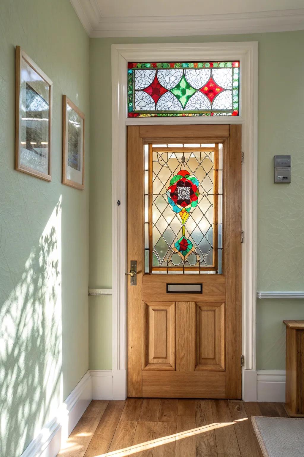 Let stained glass steal the show—jewel-toned light turns a simple Victorian entry into magic.