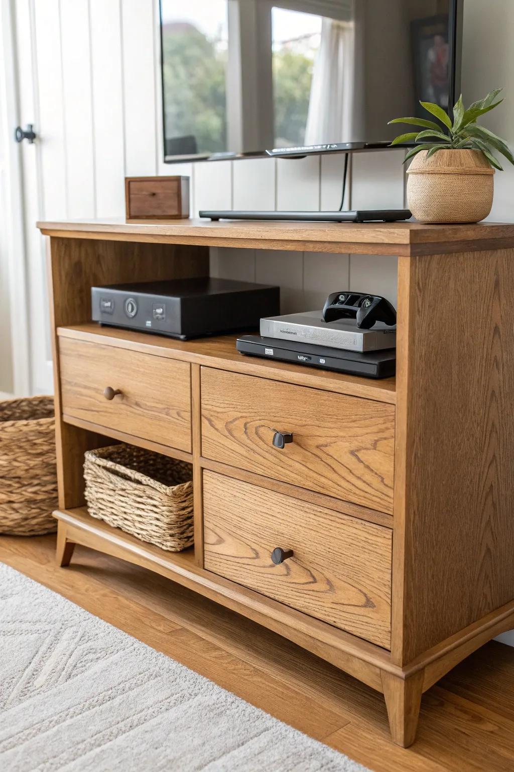Thrifted dresser makeover: open console bays, hidden vents, drawers for games and gear.
