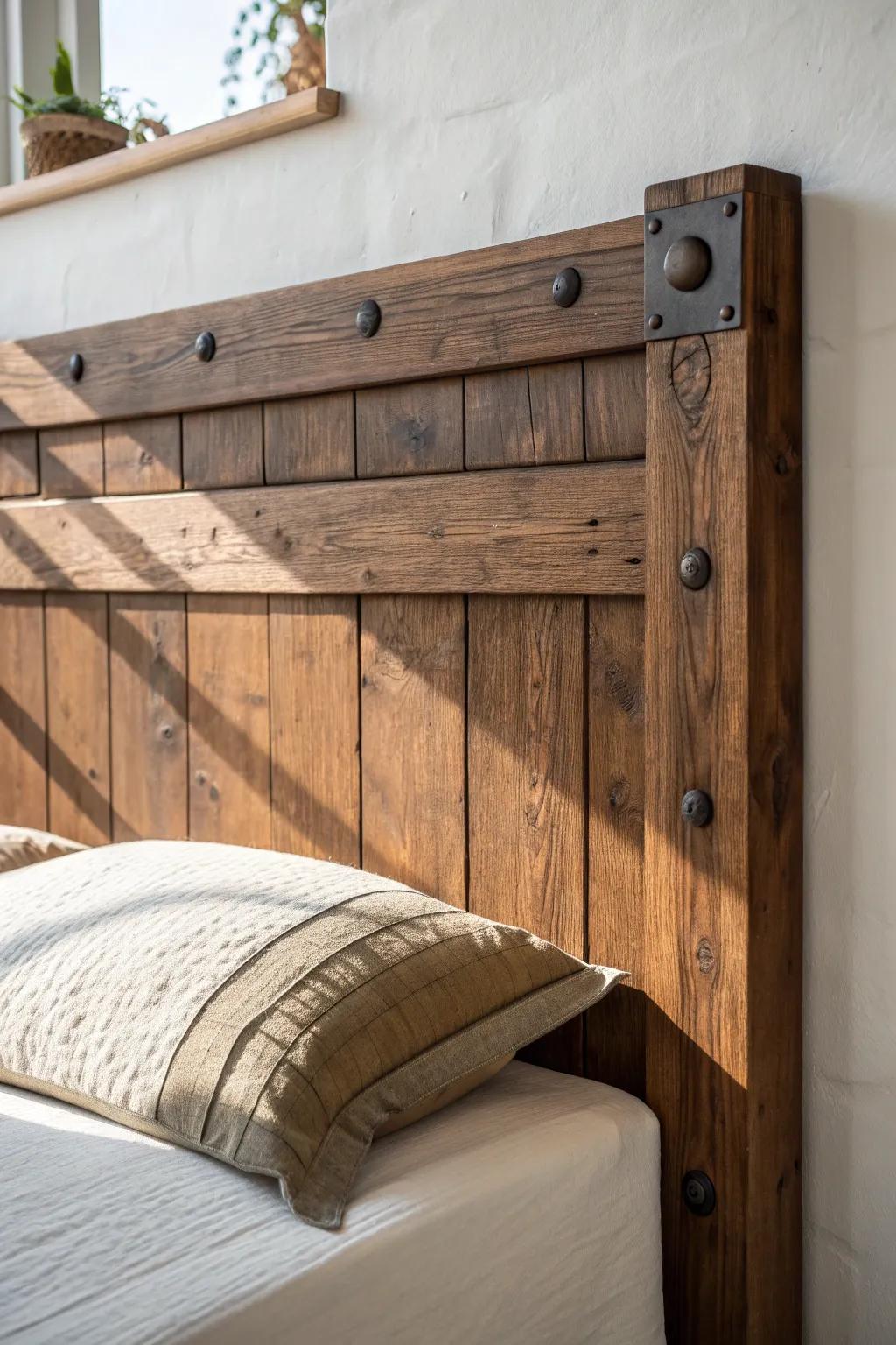 Reclaimed-beam Viking headboard: dark oil, chunky pegs, and cozy linen-fur layers.