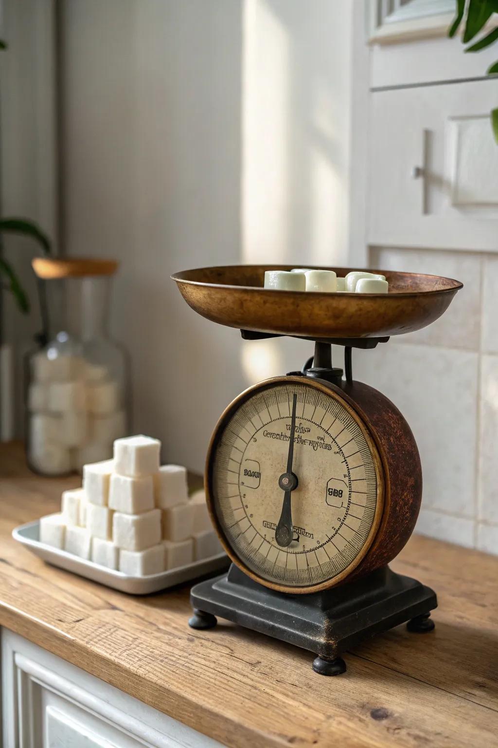 A vintage scale on your counter brings old-market charm—perfect for sugar cubes or pastries.