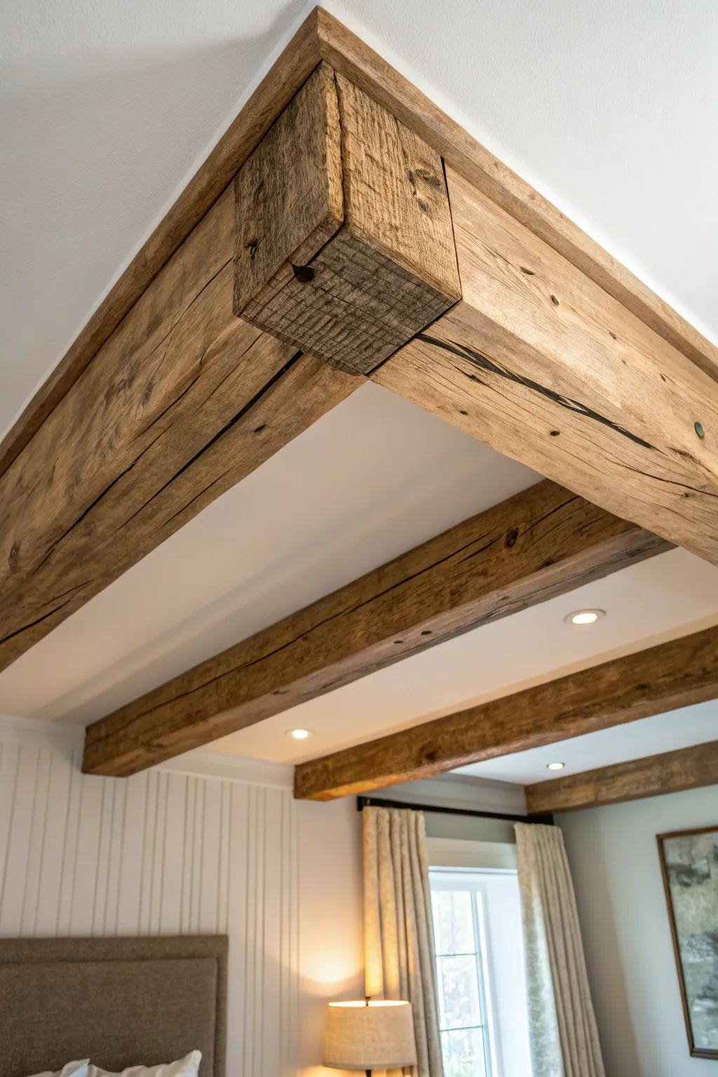 Faux reclaimed-wood ceiling beam wrap for instant vintage cottage charm—no major construction.