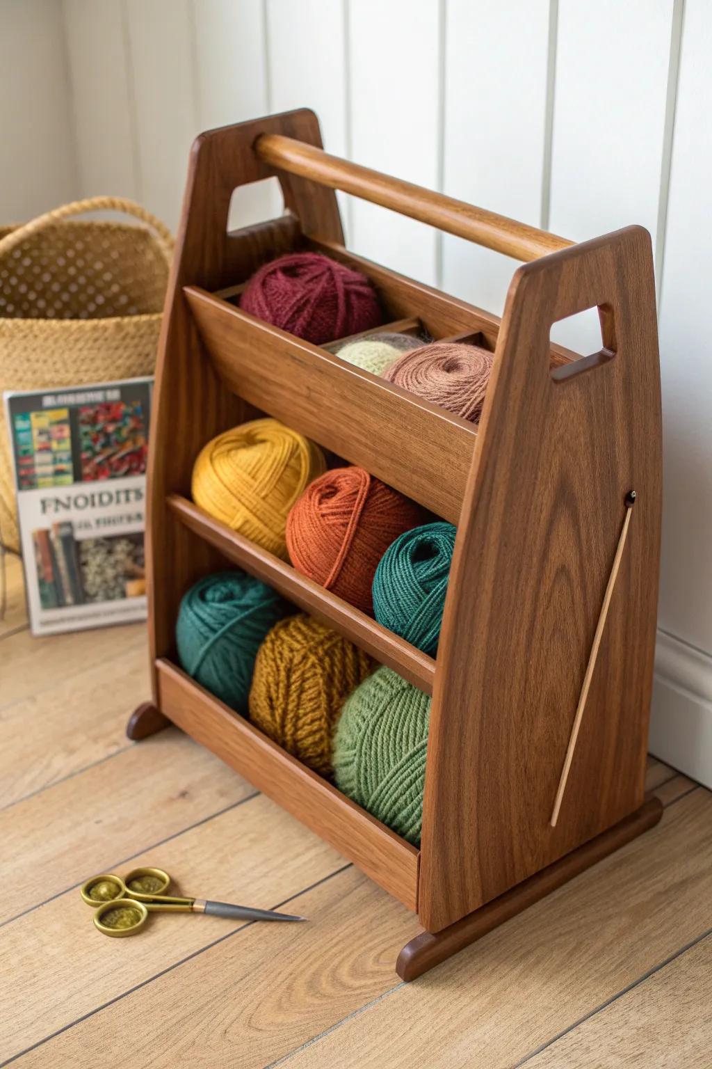 Vintage wooden magazine rack turned yarn organizer—bold skeins, tidy patterns, pure cozy craft.