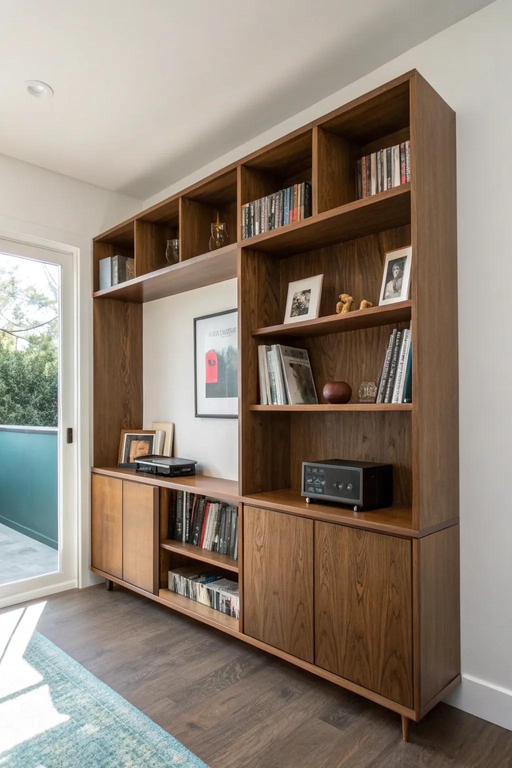 Wall-to-wall walnut built-ins with custom cubbies—vintage collections curated like true millwork.