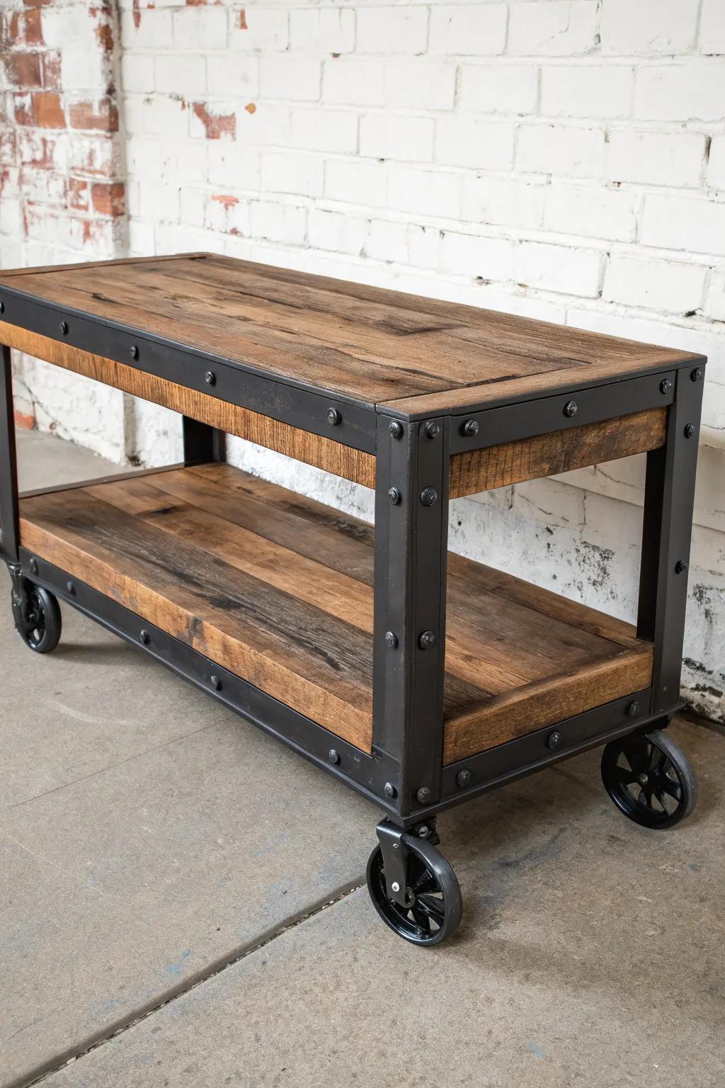 Reclaimed wood TV stand on locking casters—factory-cart charm with Scandinavian calm.