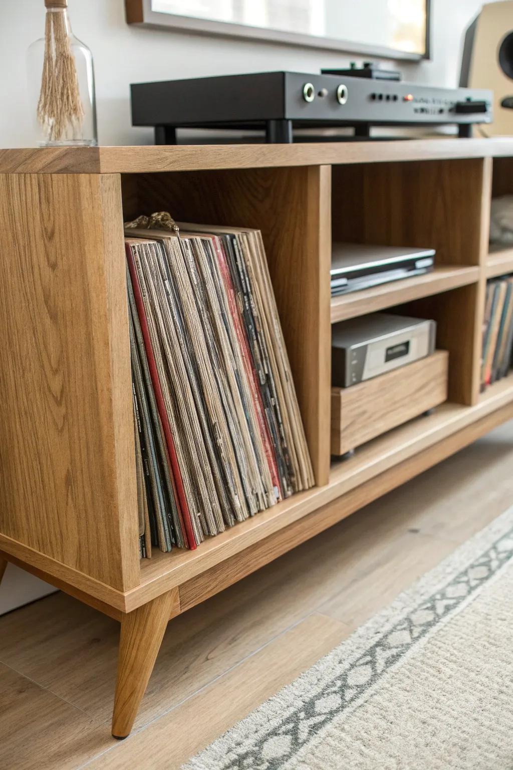 Reinforce the bottom shelf with a solid wood strip—no sagging, just beautiful vinyl storage.