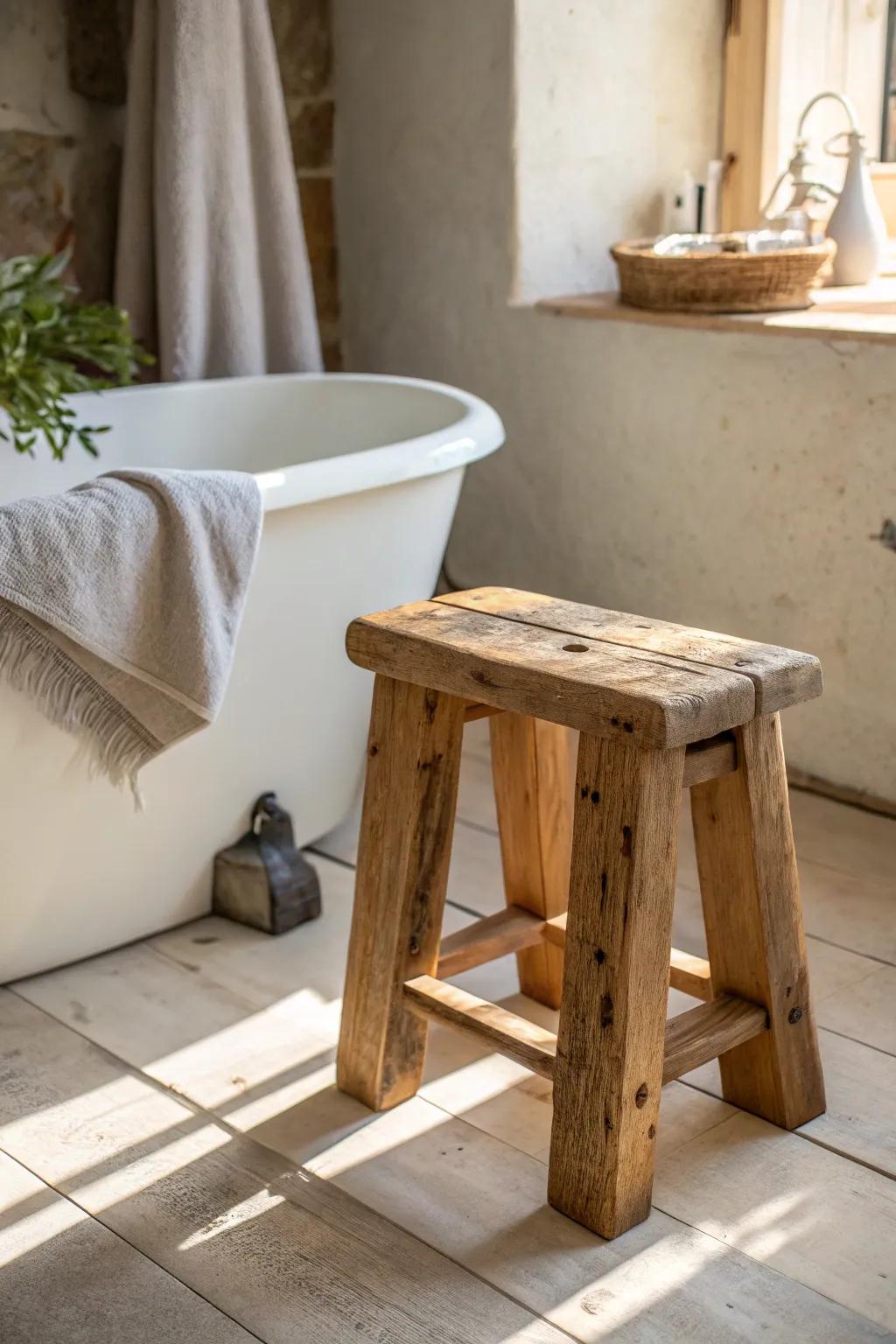 A reclaimed-wood stool beside the tub—wabi-sabi texture, Scandinavian calm, bold contrast.