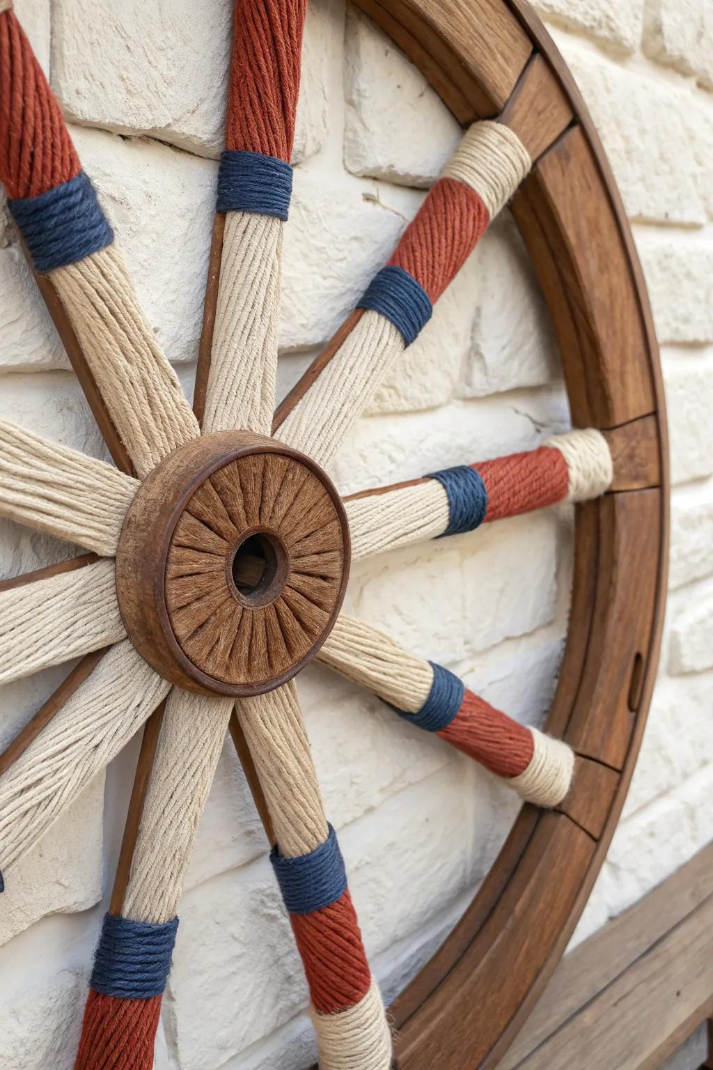 Cozy spoke-wrapped wagon wheel yarn art in two neutrals and one bold accent for instant style.