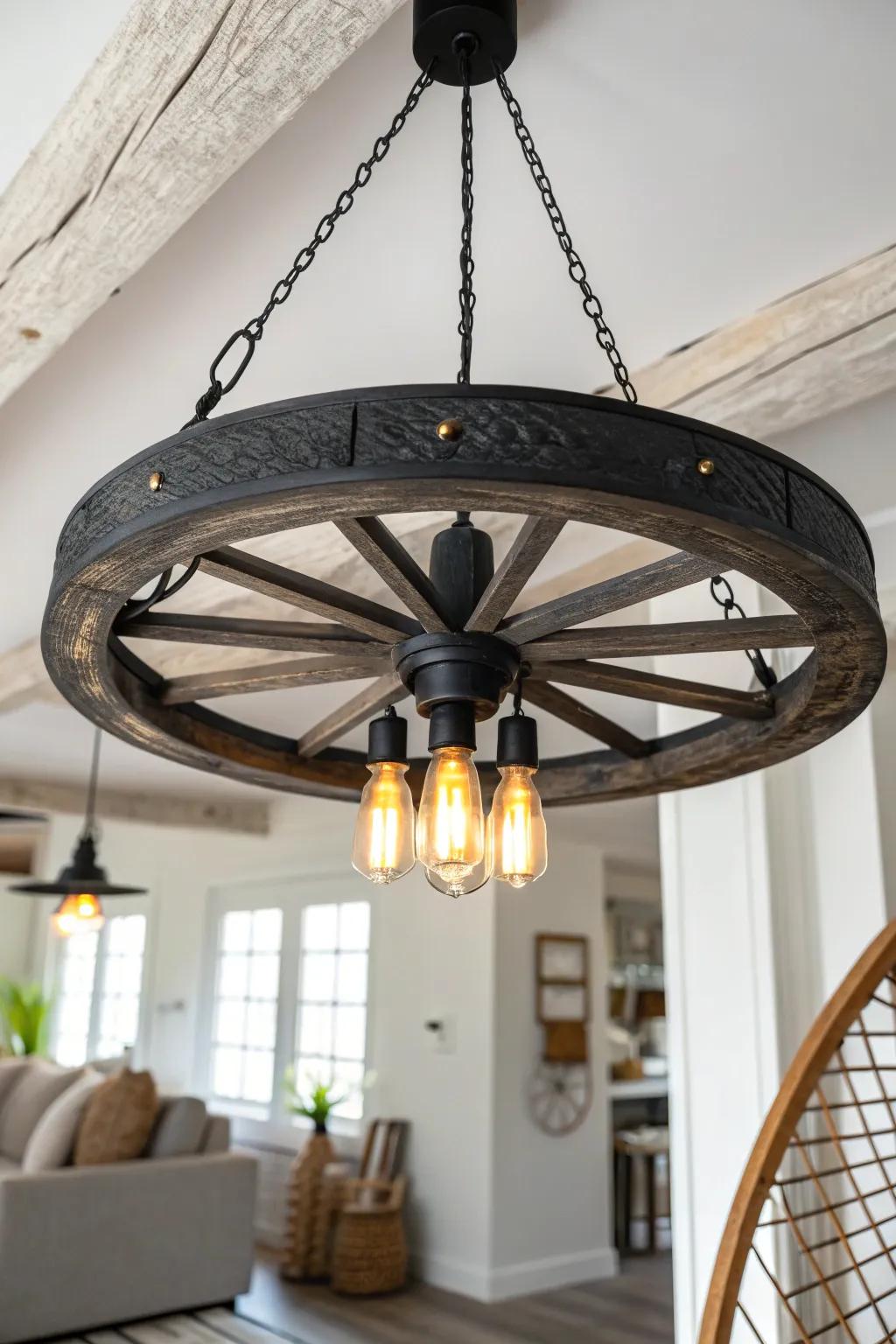 Charred-wood wagon wheel chandelier—modern rustic drama with warm glow and crisp spokes.