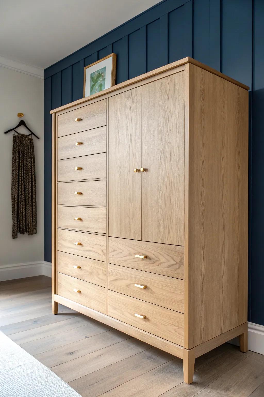 Natural oak dresser + vertical slat backdrop: instant built‑in warmth for a walk‑in closet.